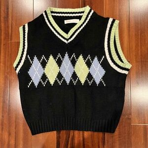 Romwe Green Blue Sweater Vest Sleeveless Argyle Pattern Collegiate Preppy Sz M 6